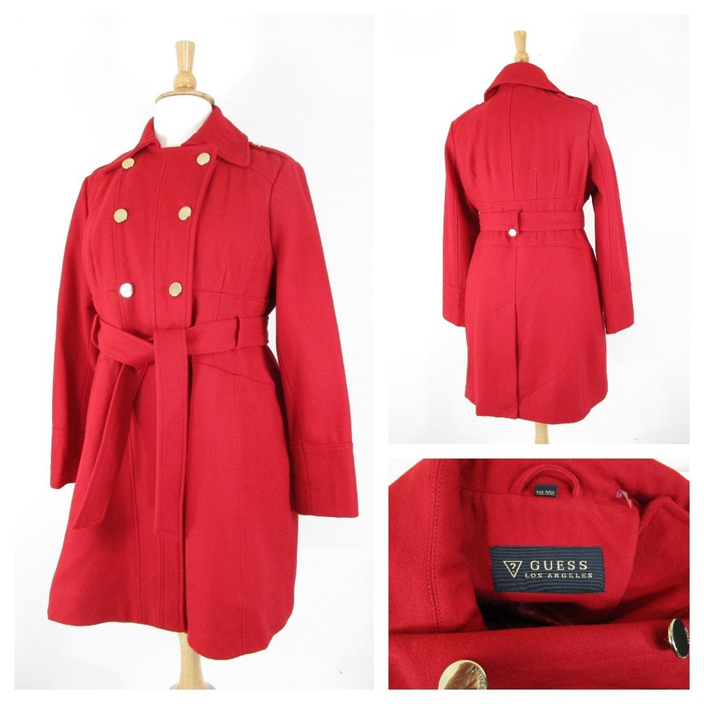 GUESS Los Angeles Plus Size Red Belted Wool Pea Coat Top Coat Size XXL